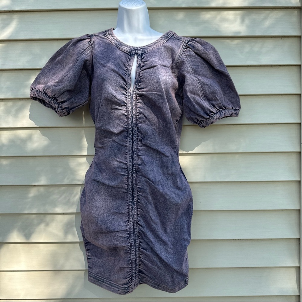 VENUS Puff Sleeve Mini Dress in Blue Denim Jeans Stretch
